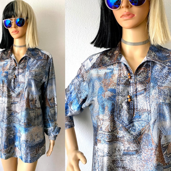 Vintage 70s Polyester Shirt | Dagger Collar Top | Sailing Theme Top | Groovy Shirt | Disco Shirt | Shiny Shirt | Artsy Top | Hipster Top S M