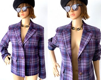 Vintage Plaid Short Blazer 90s Wool Blend Jacket Short Blazer Cropped Jacket HARRIS WALLACE Librarian Chic Preppy Academia Career Secretary