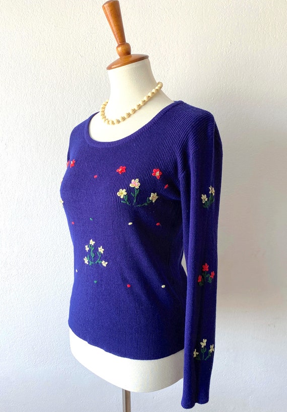 Vintage Embroidered Sweater 50s 60s Floral Sweate… - image 6