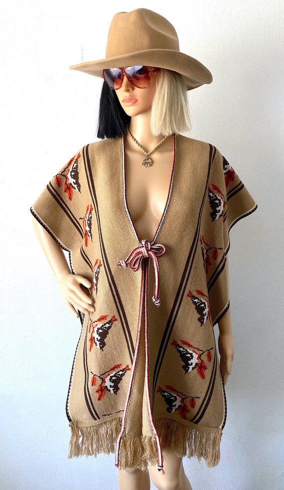 Vintage 70s Tie Front Poncho | Knit Blanket Jacke… - image 2