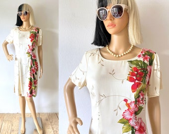 Vintage Hawaiian Hibiscus Dress | Tropical Dress | Resort Dress | Island Dress | Vacation Dress | Cream Dress | Wedding Guest Dress | S to M