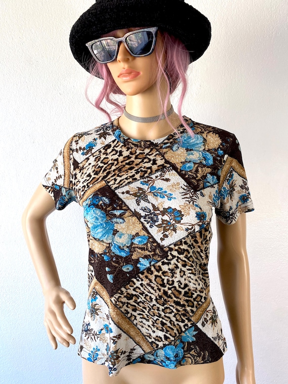 Y2K Mesh Fitted Top Mixed Print Leopard Cheetah B… - image 2