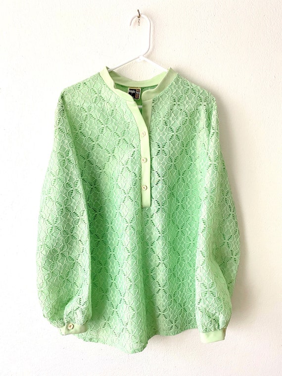 Vintage 70s Lace Top | XL Mint Green Blouse | Eye… - image 3