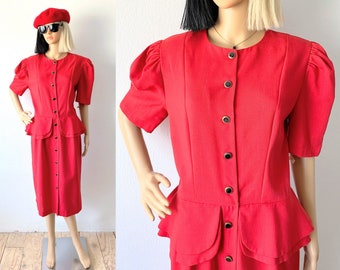 Vintage 80s Red Peplum Dress: Button Front Career Style (L-XL)