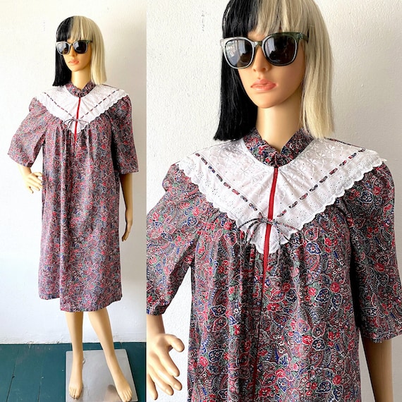 Vintage Pajama Dress Eyelet Lace Trim Nightgown Zipper Dressing Gown House Dress Lounge Dress Casual Dress Granny Pajama Dress M Etsy UK