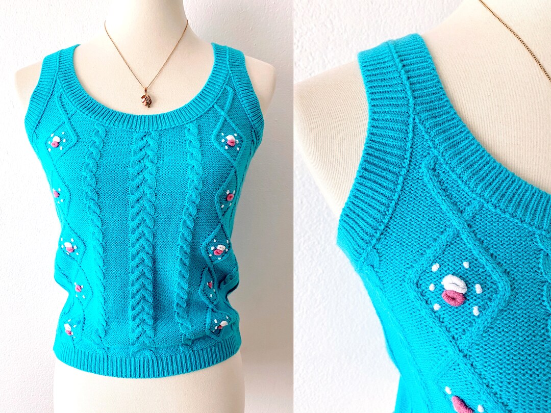 Vintage Sweater Vest Turquoise Sweater Pullover Knit Sweater Turquoise Sweater Preppy Sweater