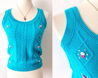 Vintage Sweater Vest | Turquoise Sweater | Pullover Knit Sweater | Turquoise Sweater | Preppy Sweater | Hipster Sweater | Indie Fashion XS S