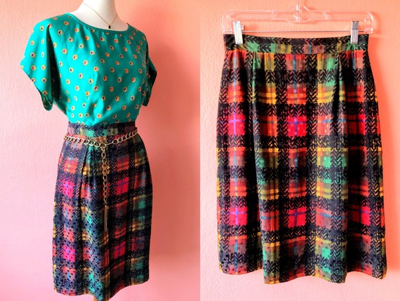 Vintage Plaid Skirt Red Plaid Skirt Silky Plaid Sk