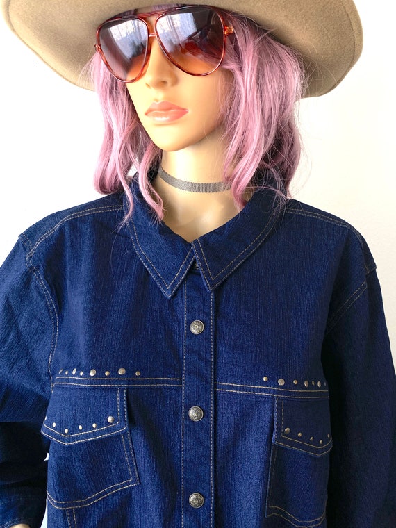 Vintage Plus Size Denim Shirt Jean Button Up Shir… - image 8