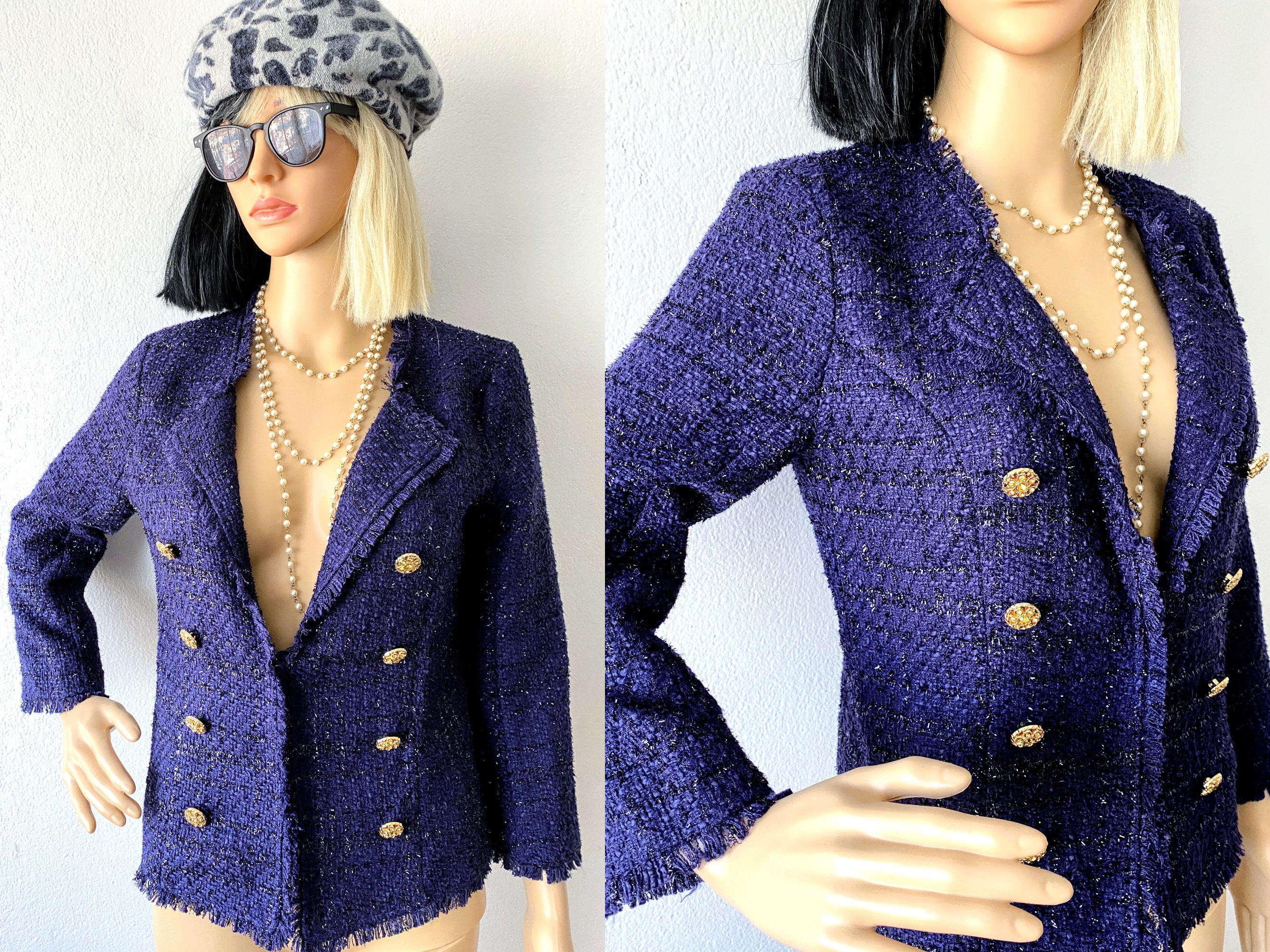 Coco Chanel Inspired Boucle Tweed Box Jacket Blazer - Lilac