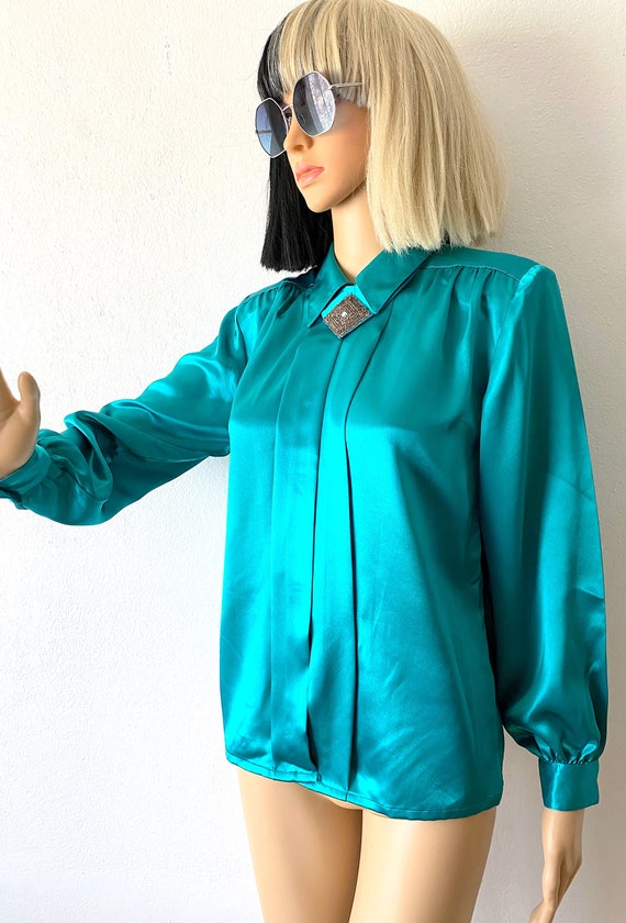 Vintage Silky Career Blouse | Teal Blouse | Appli… - image 6