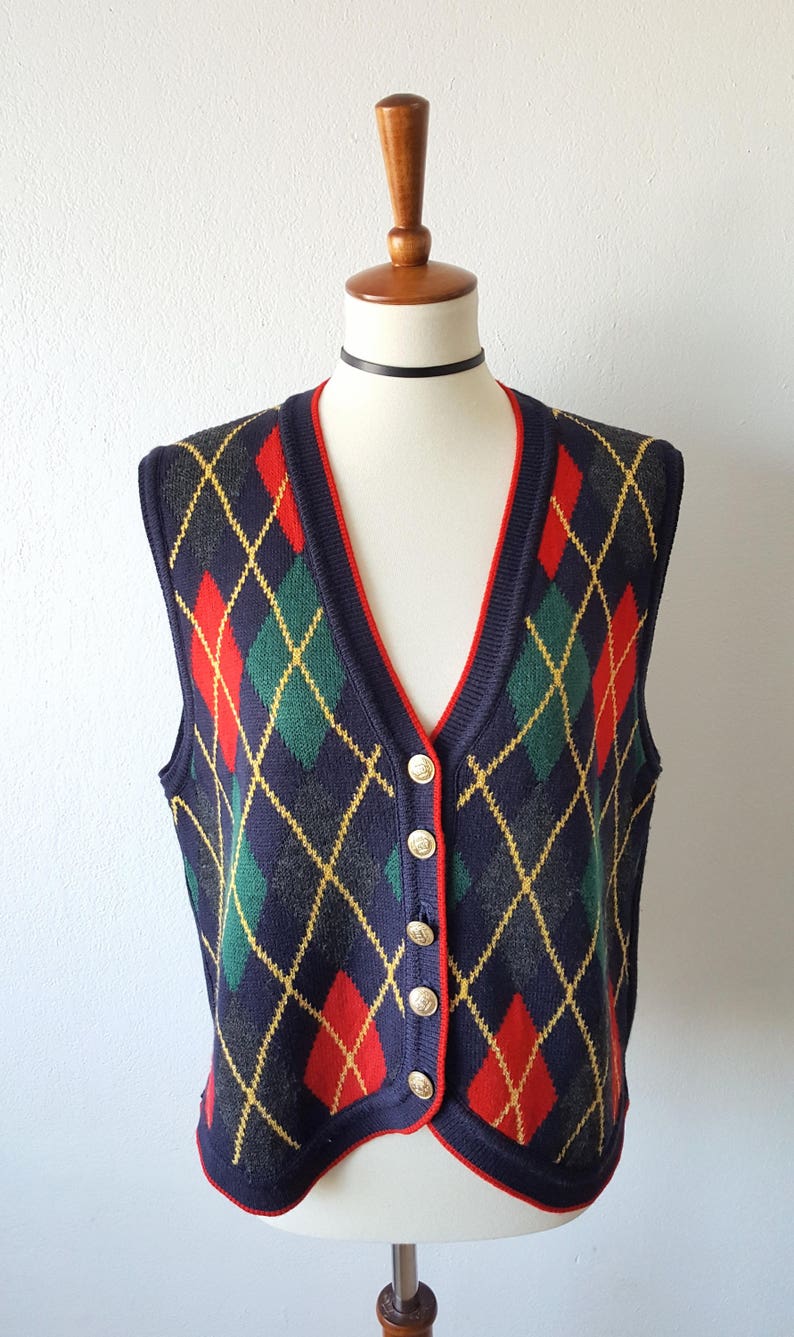 Vintage 90s Sweater Vest NORTON MCNAUGHTON Argyle Sweater Plaid Vest Preppy Sweater Button Up Vest Gold Button Hipster Indie Medium Large