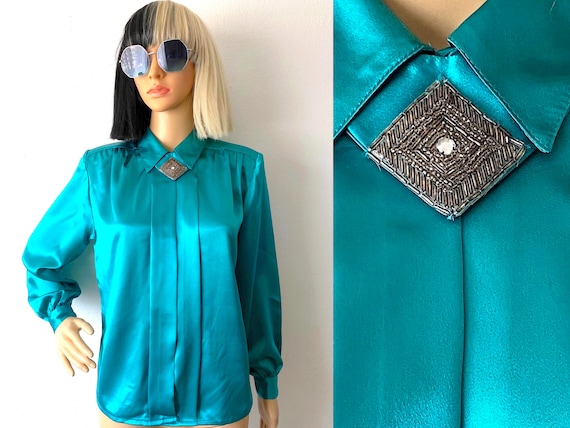 Vintage Silky Career Blouse | Teal Blouse | Appli… - image 1