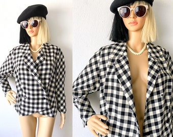 Vintage Karierte Jacke Schwarz Creme Blazer Karierte Jacke