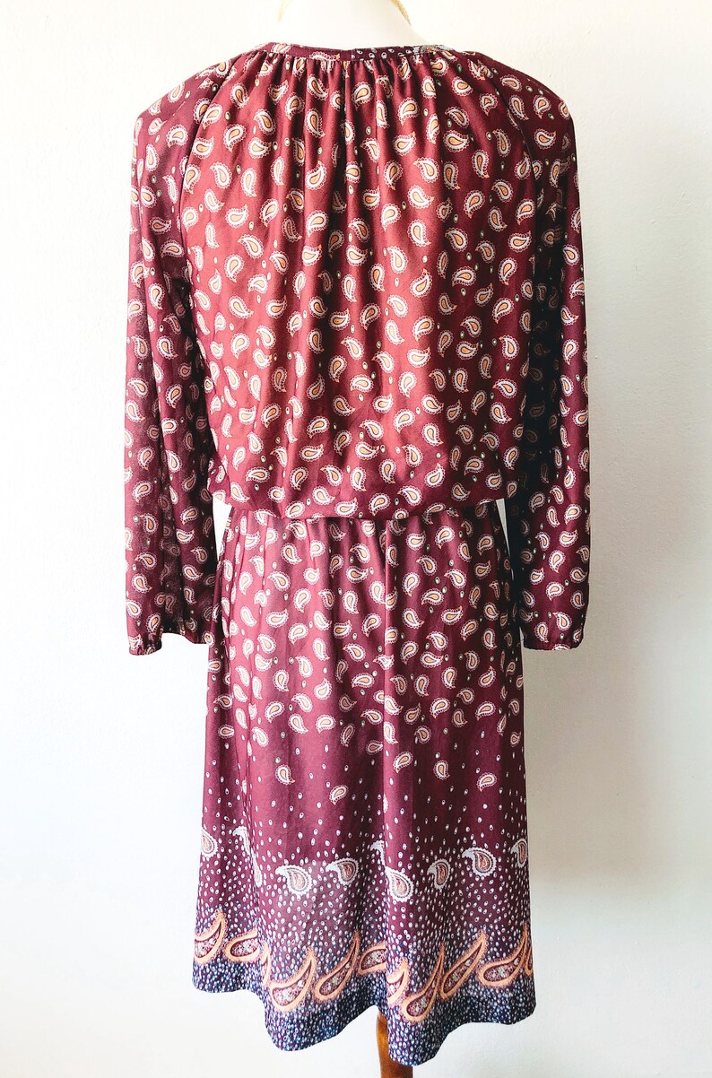 Vintage 70s Paisley Dress Elastic Waist Dress Sheer Peasant Dress Hippie Midi Dress Romantic Dress Maroon Boho Dress Gathered Bodice S M
