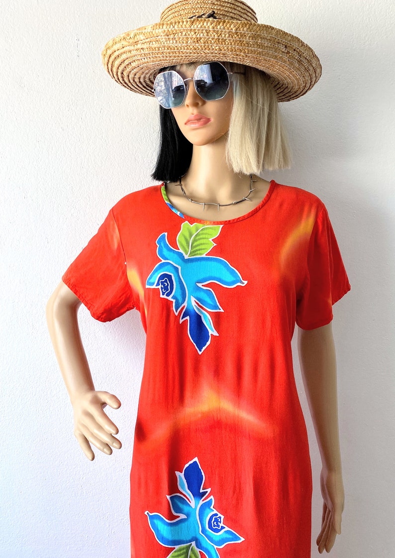 Vintage Tropical Maxi Dress | Hawaiian Dress | Bright Red Summer Dress ...