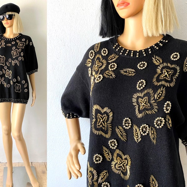 Vintage Black Beaded Sweater | Embellished Sweater | Fancy Sweater | Cocktail Sweater | Party Sweater | Holiday Sweater | Hipster Sweater L