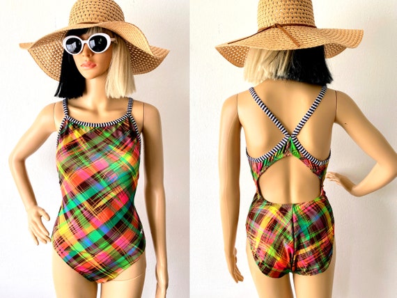 Vintage 90s Floral One Piece Swimsuit /// Retro 1990s Roxanne Colorful Built  in Bra Open Back Bathing Suit 