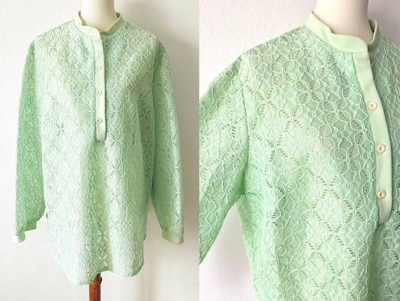 Vintage 70s Lace Top | XL Mint Green Blouse | Eye… - image 1