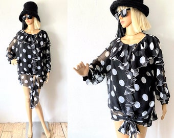Vintage Polka Dot Blouse | 80s Oversized Blouse | Ruffled Blouse | Clowncore Top | Flowy Flutter Blouse | Funky Top | Designer Blouse | L