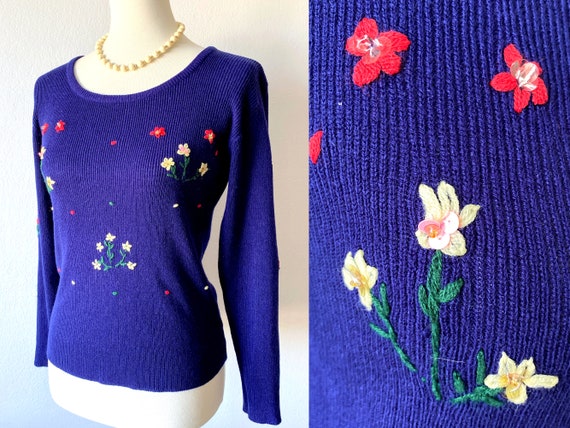 Vintage Embroidered Sweater 50s 60s Floral Sweate… - image 1