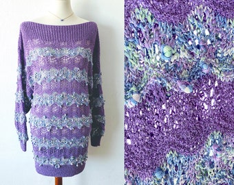 Handmade Knit Purple Sweater | Slouchy Sweater | Long Sweater | Striped Sweater | Textured Sweater | Knotty Sweater | Boho Sweater M L XL