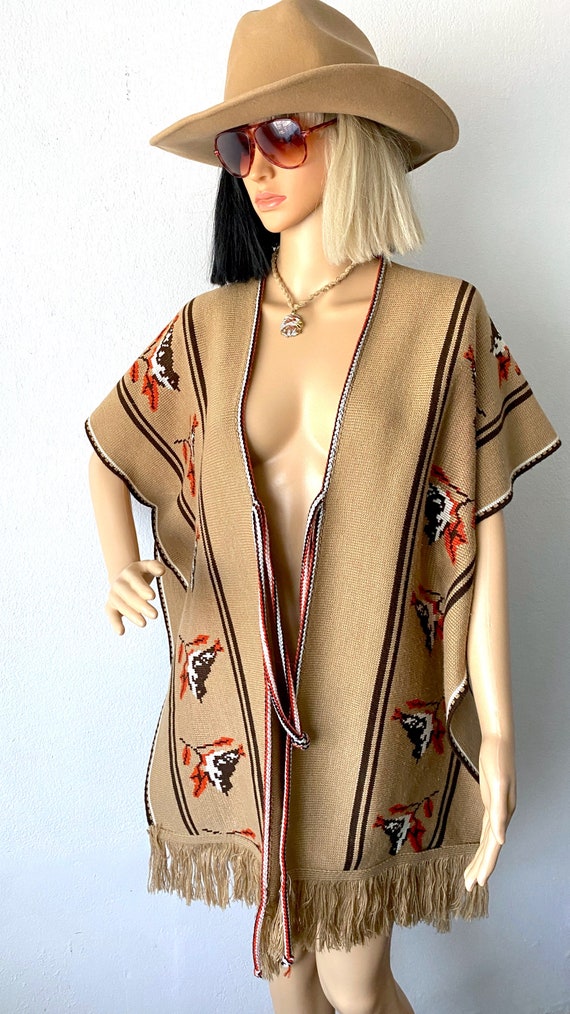 Vintage 70s Tie Front Poncho | Knit Blanket Jacke… - image 8
