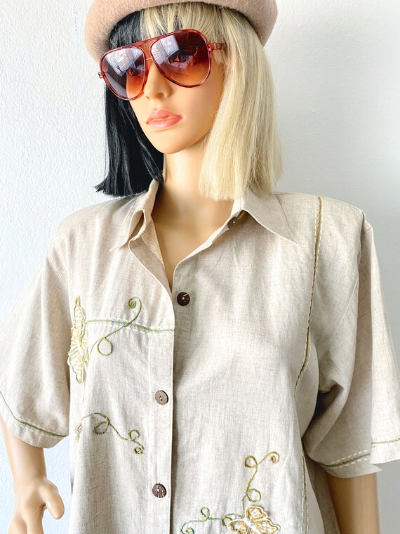 Vintage Linen Button Up Blouse | Butterfly Blouse… - image 3