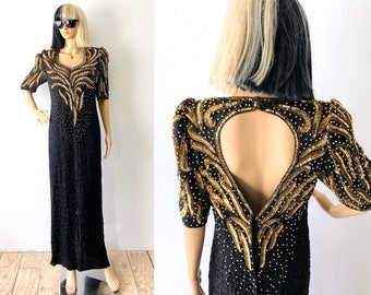 Vintage Beaded Evening Gown | 80s Silk Party Dress | Sequin Dress | Fancy Dress | Long Formal Gown | Open Back Dress | Glamorous Dress | M