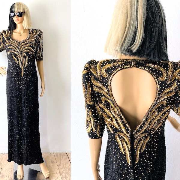 Vintage Beaded Evening Gown | 80s Silk Party Dress | Sequin Dress | Fancy Dress | Long Formal Gown | Open Back Dress | Glamorous Dress | M