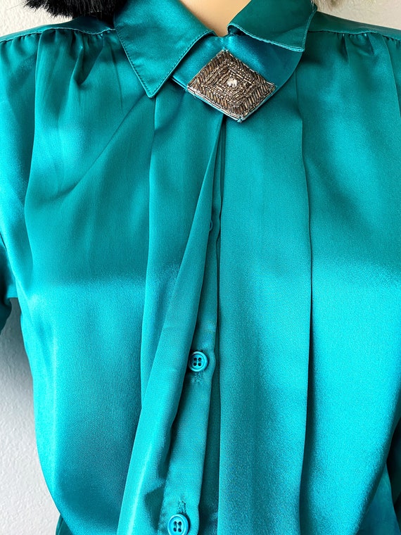 Vintage Silky Career Blouse | Teal Blouse | Appli… - image 4