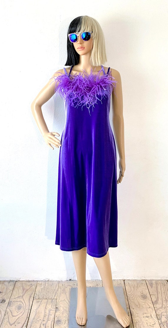 Stretch Velvet Slip Dress | Feather Boa Dress | F… - image 2