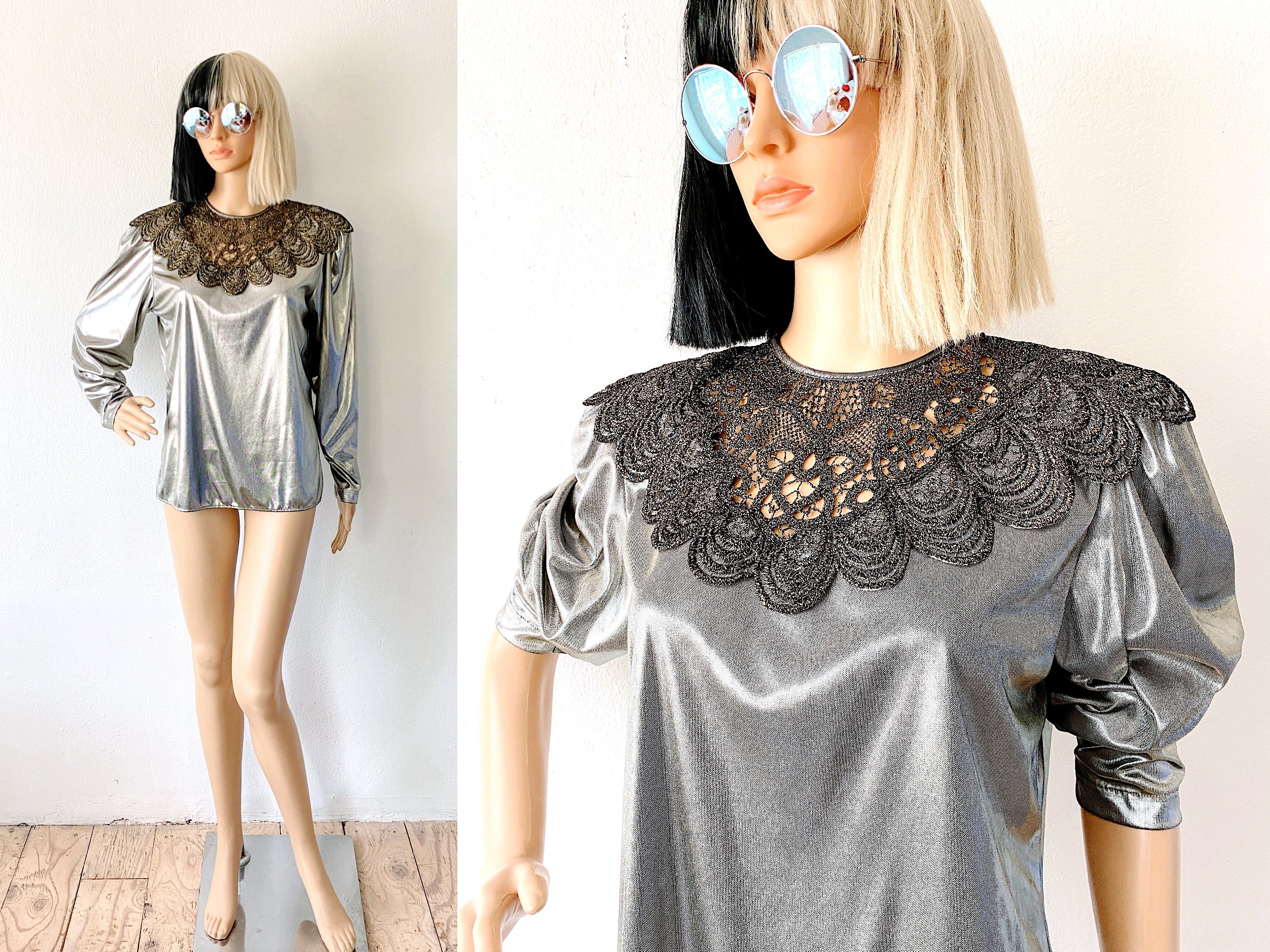 Metallic Blouse Lace Collar | Shimmering Blouse | Glam Blouse | Silver Blouse | Fancy Blouse | Shiny Top | Disco Top | Cocktail Blouse SML