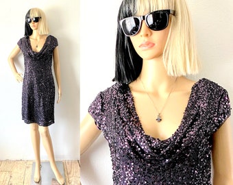 Sequin Party Dress | Cowl Neck Dress | Beaded Dress | Cocktail Dress | Glam Dress | Dark Purple Dress | Wedding Guest Dress | SLNY Dress S M