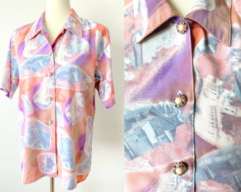Vintage Abstract Blouse | Pastel Button Up | Psychedelic Top | Funky Blouse | Hipster Fashion | Weird Fashion | Kitschy Fashion | Unique SML