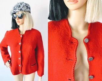 Vintage Wool Jacket | New Pure Wool Coat | Cropped Wool Jacket | Bright Red Jacket | Boxy Blazer| MUNCHNER STRICKMODEN |  XS to Small