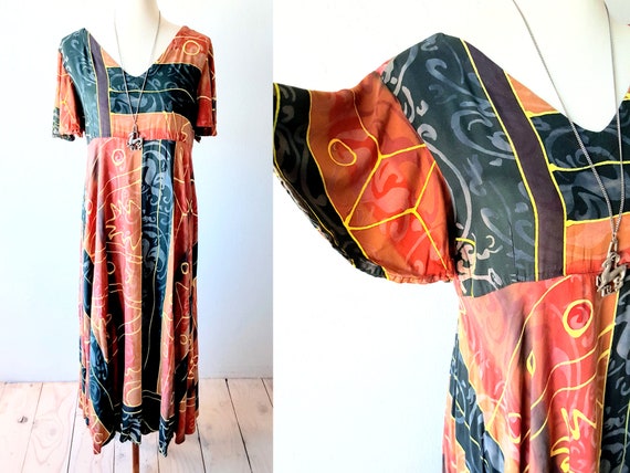Vintage 90s Rayon Dress Empire Waist Dress Tribal Maxi Dress | Etsy