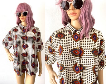 Vintage Multi-Colored Blouse Boxy Blouse Career Top Baroque Top All Over Print Blouse Summer Blouse Cream Top Funky Unique Hipster Indie S M