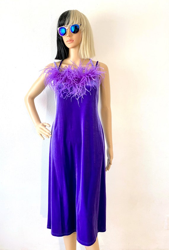 Stretch Velvet Slip Dress | Feather Boa Dress | F… - image 3