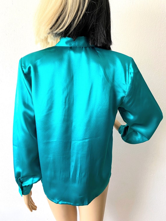 Vintage Silky Career Blouse | Teal Blouse | Appli… - image 5