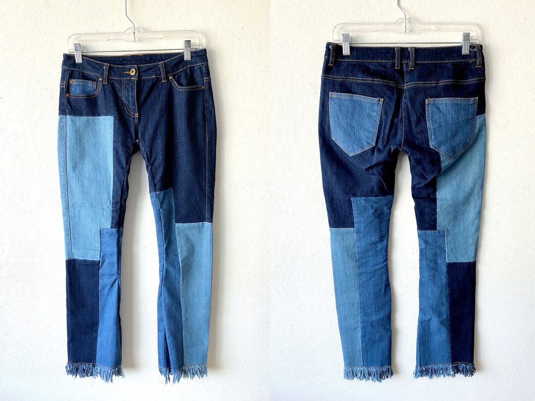 Low Rise Colorblock Patchwork Jeans | Fringe Hem, Petite XS - Etsy