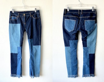 Low Rise Colorblock Patchwork Jeans | Fringe Hem, Petite XS