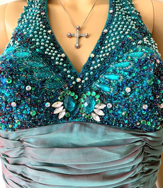 Vintage Beaded Formal Gown Long Halter Dress Glam… Gem