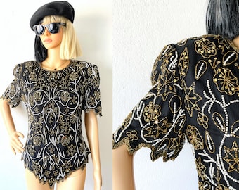 Vintage Beaded Evening Top | Embellished Top | Flapper Blouse | Party Blouse | Fancy Top | Glam Top | Sequin Top | Faux Pearl Top | S to M