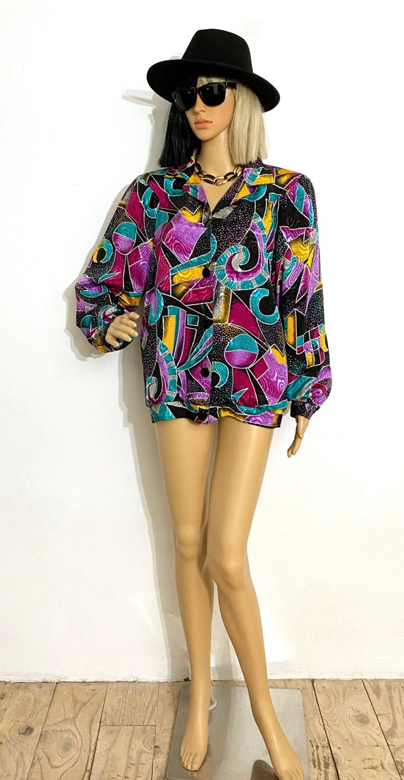 Vintage 90s Colorful Jacket | Silky Jacket | Boxy… - image 9