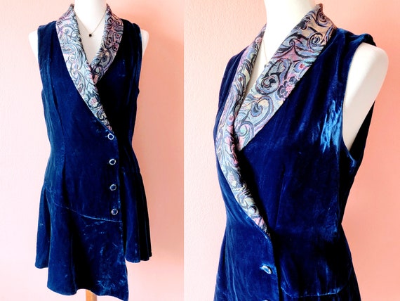 Vintage Blue Vest Velvet Vest Long Vest Brocade Ve