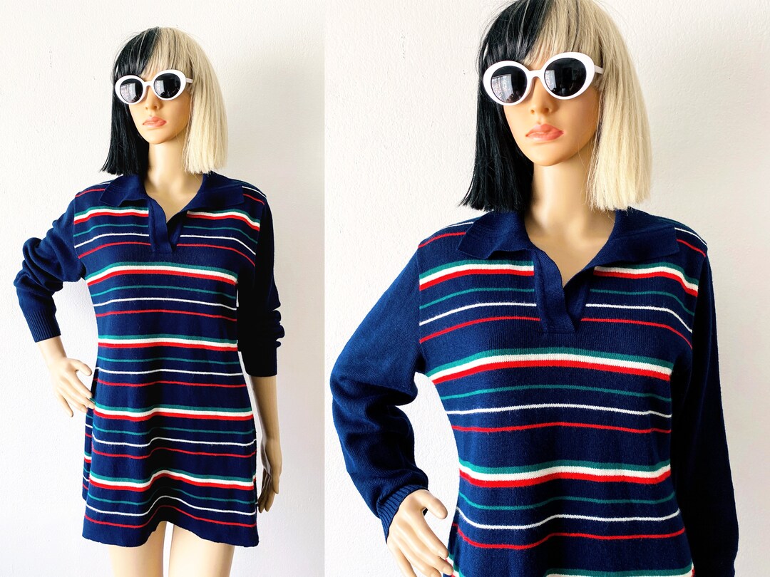 Vintage 70s Striped Acrylic Collared Sweater | Navy Blue Mod Top - Etsy