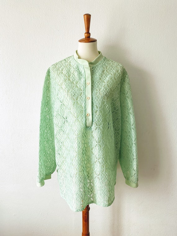 Vintage 70s Lace Top | XL Mint Green Blouse | Eye… - image 4