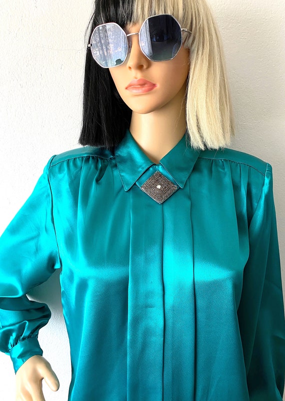 Vintage Silky Career Blouse | Teal Blouse | Appli… - image 2