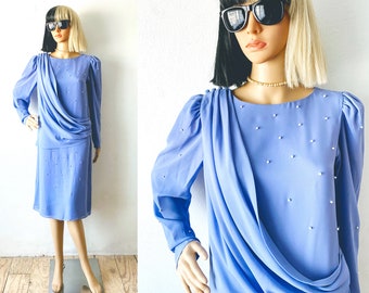 Vintage 80s Draped Dress | Lavender Dress | Pearl Bead Dress | Granny Chic Dress | Fancy Dress | Wedding Guest Dress | Layered Dress | S M